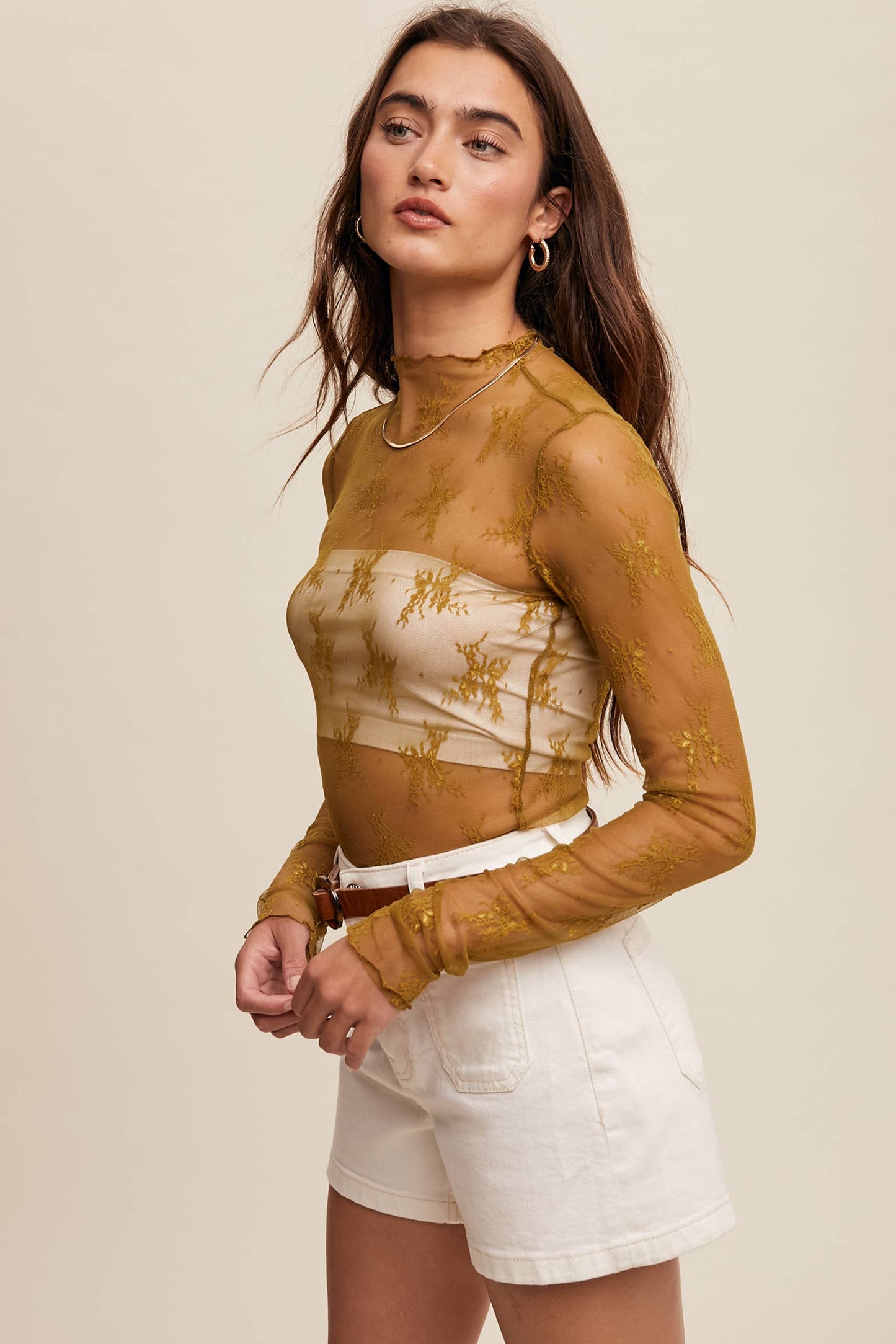 Listicle - Sheer Lace Long-Sleeve Top