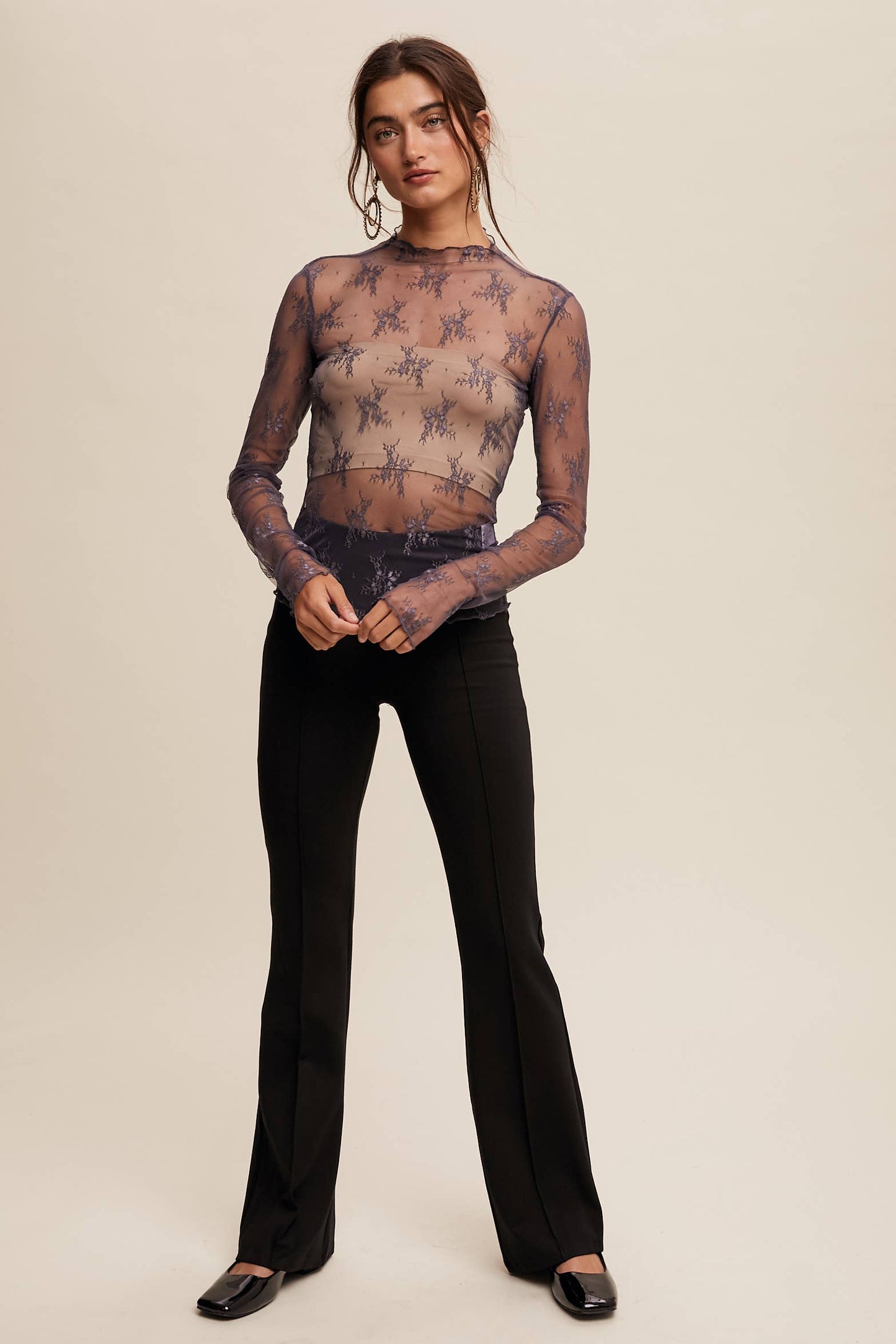 Listicle - Sheer Lace Long-Sleeve Top