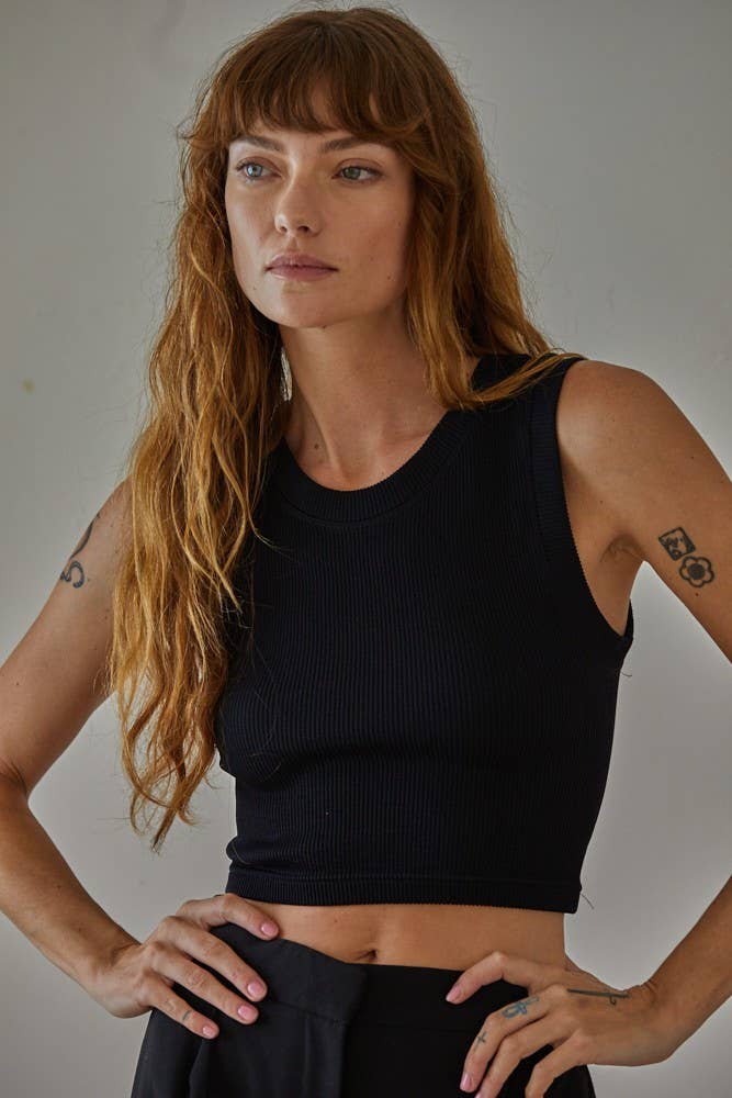 Black ribbed sleeveless cropped tank top for women with high neckline
