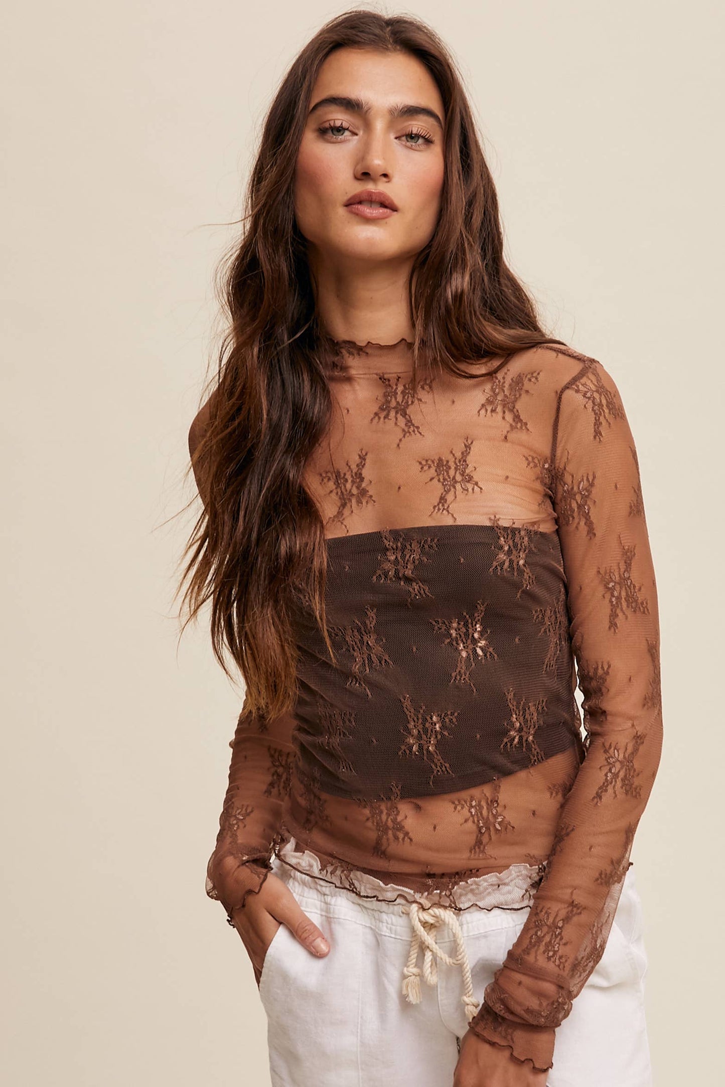 Listicle - Sheer Lace Long-Sleeve Top