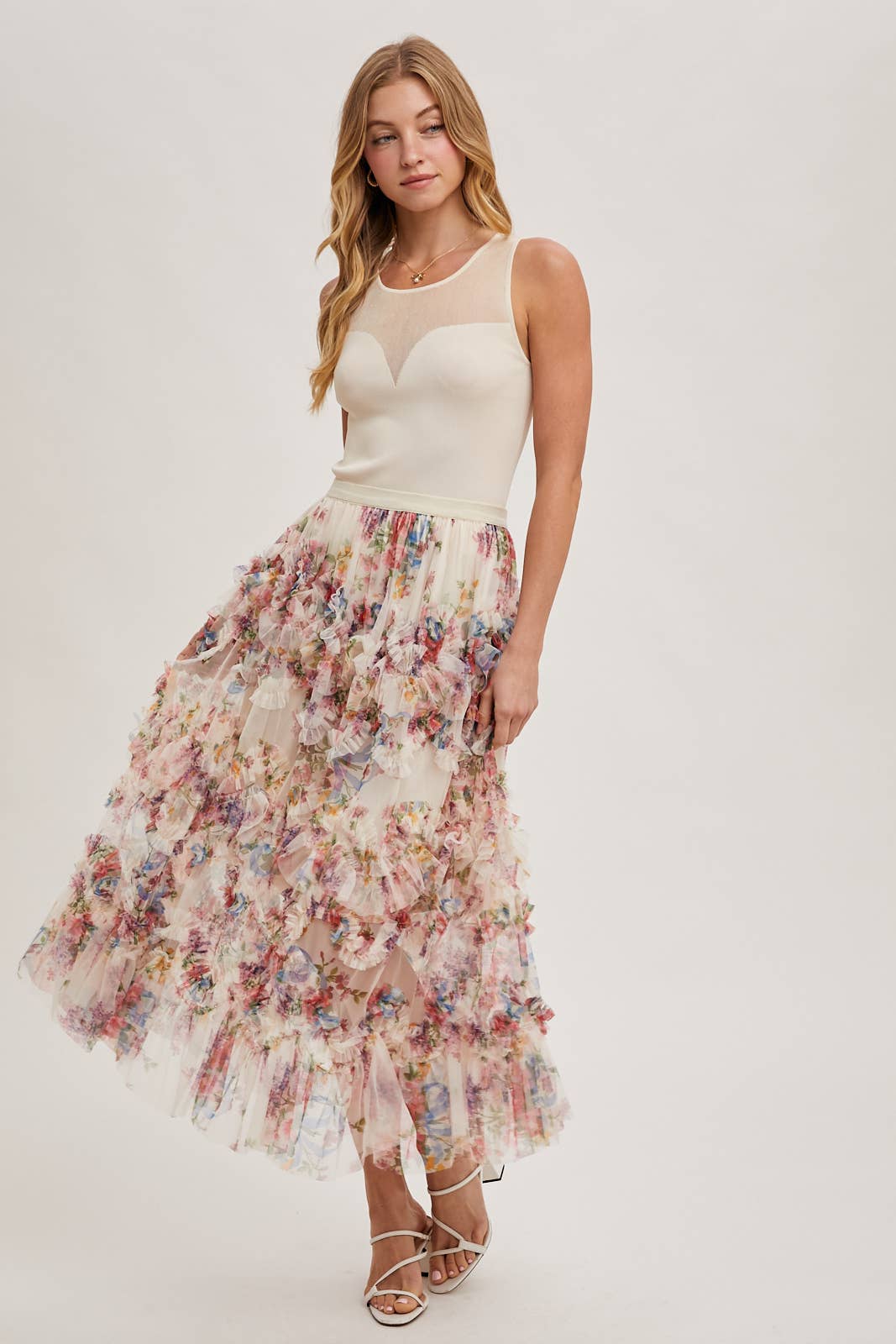 Bluivy - FLORAL RUFFLED MESH MIDI SKIRT