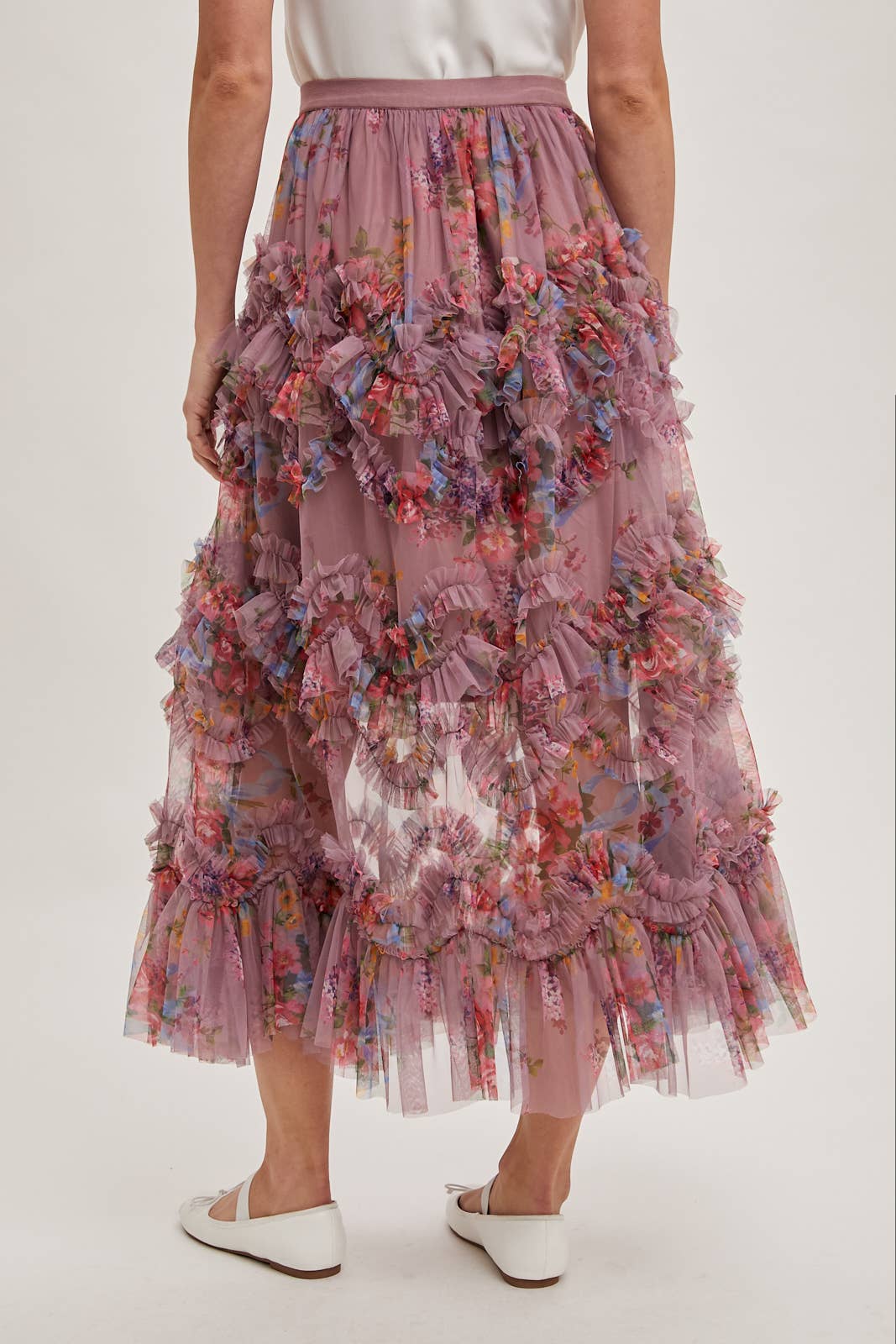 Bluivy - FLORAL RUFFLED MESH MIDI SKIRT