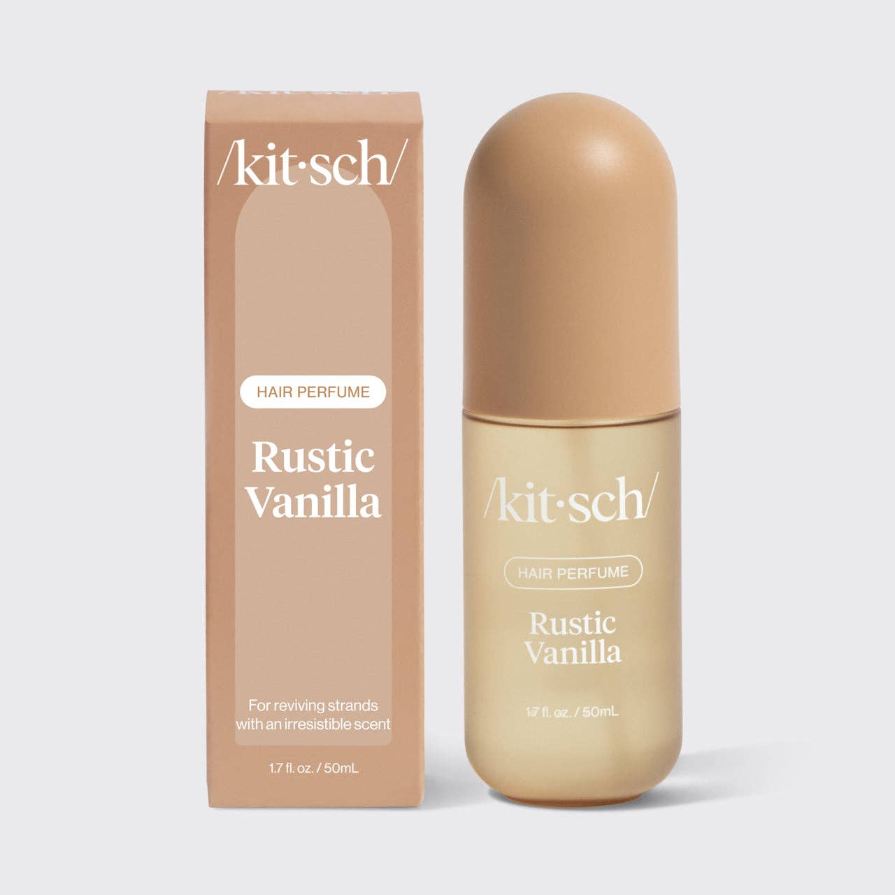 Kitsch Rustic Vanilla hair perfume bottle and box in neutral beige tones.