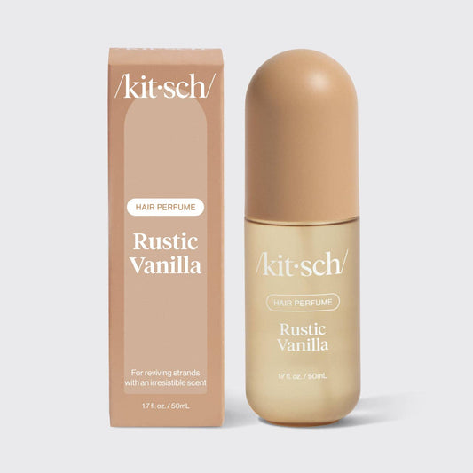 Kitsch Rustic Vanilla hair perfume bottle and box in neutral beige tones.