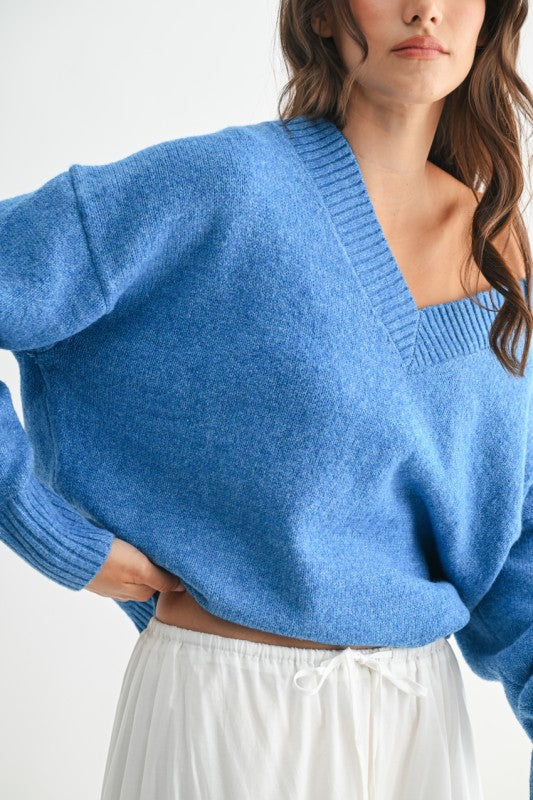 Close-up of a soft blue V-neck sweater showing ribbed neckline and cozy knit texture.