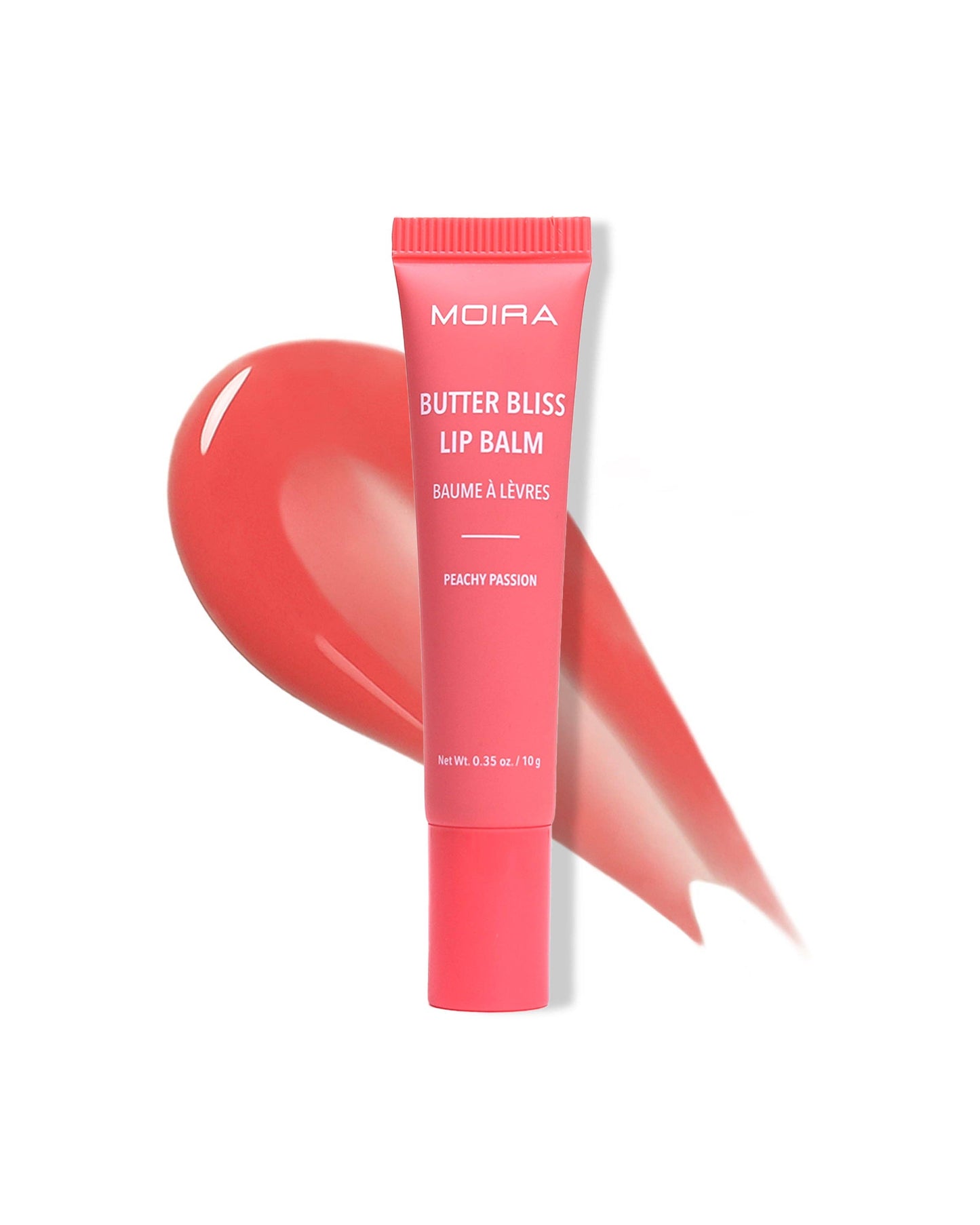 Moira Butter Bliss Lip Balm tube with a swatch of peachy pink color on a white background