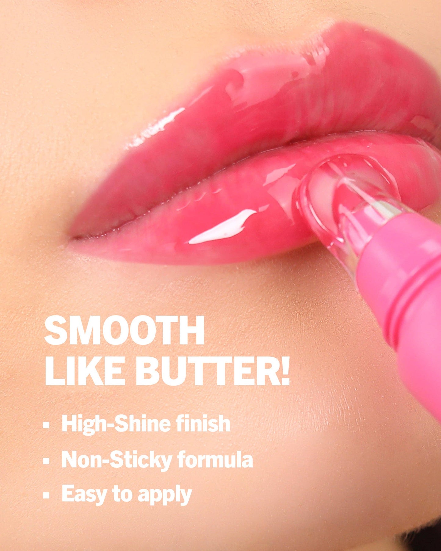 Pink lip gloss being applied to lips with text highlighting features