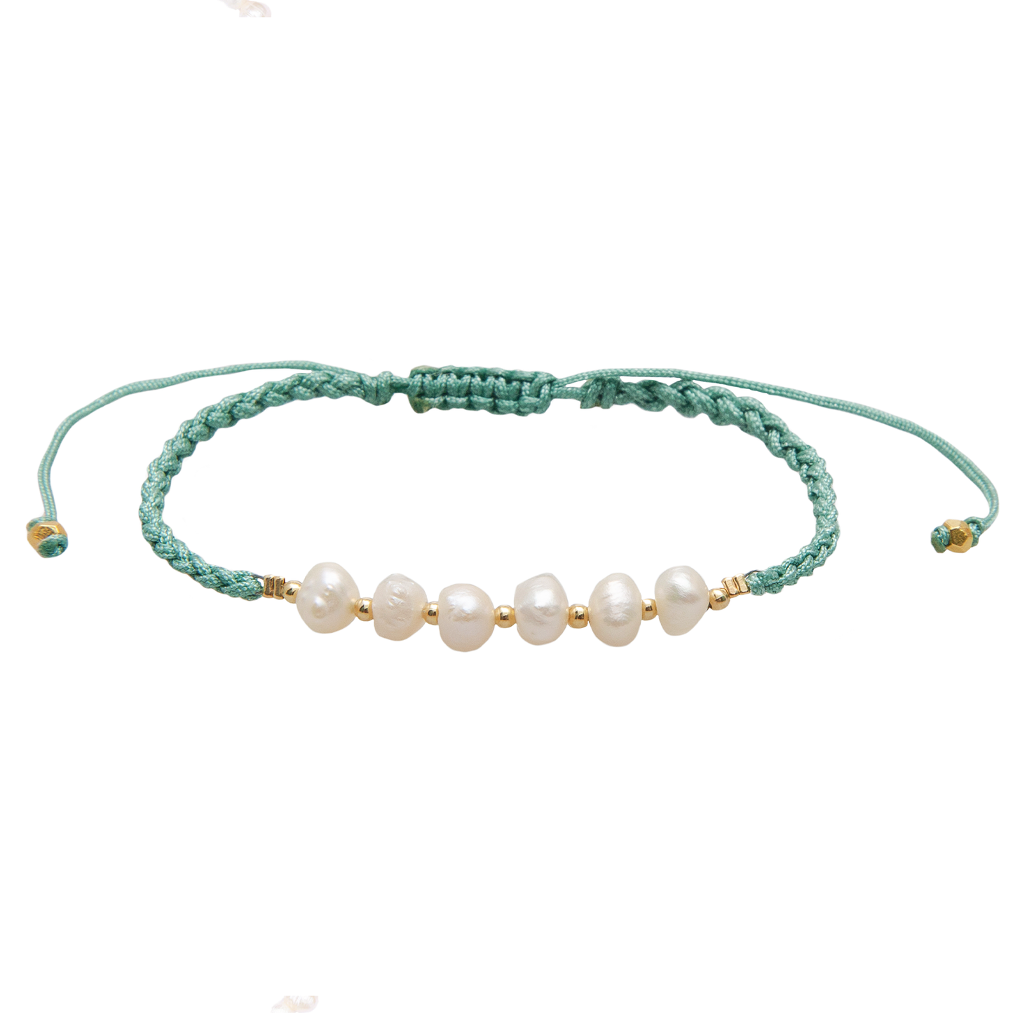 Handcrafted pearl bracelet featuring genuine freshwater pearls, gold accent beads, and an adjustable braided seafoam cord.