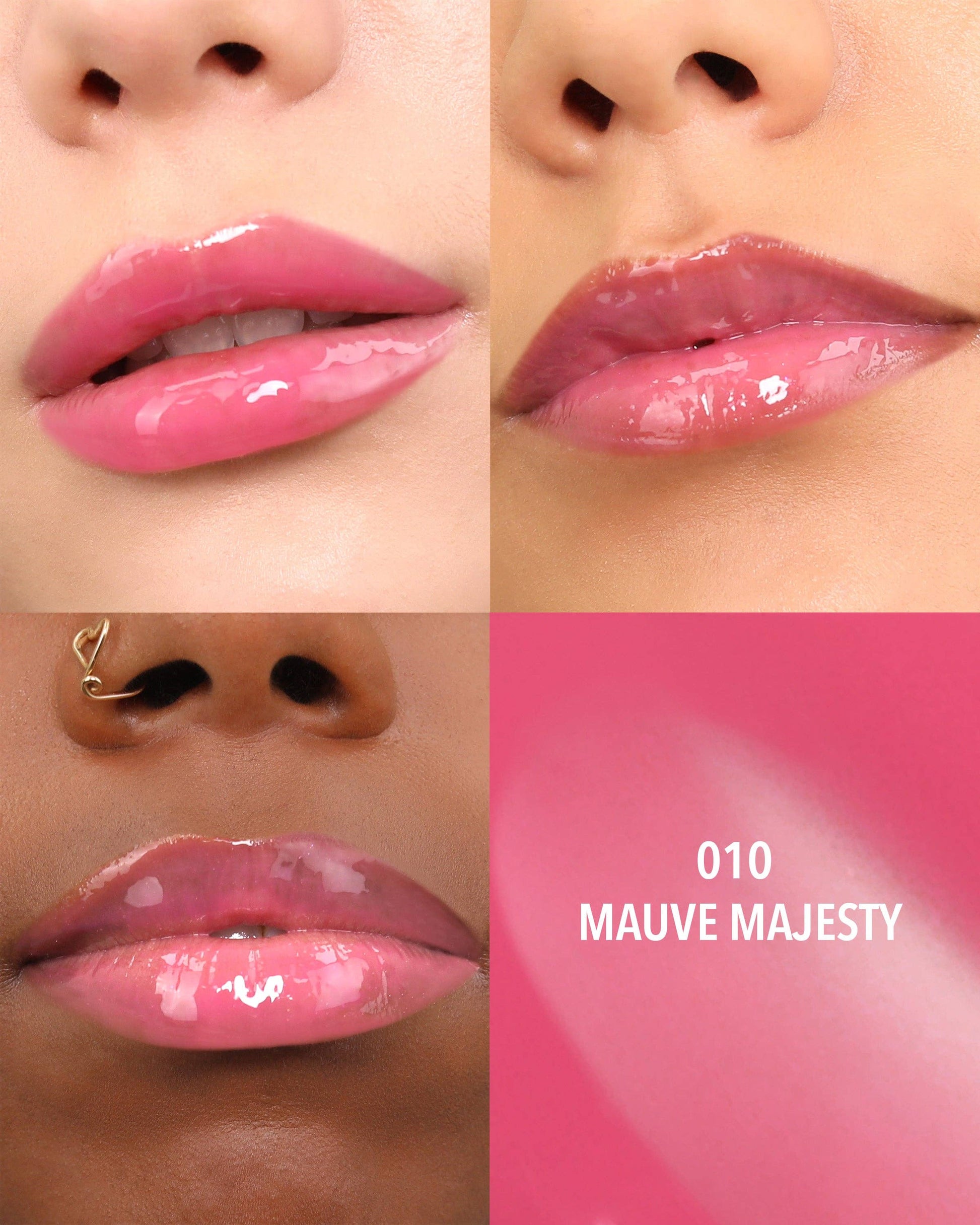 Lipstick color swatch labeled '010 Mauve Majesty' on a pink background.