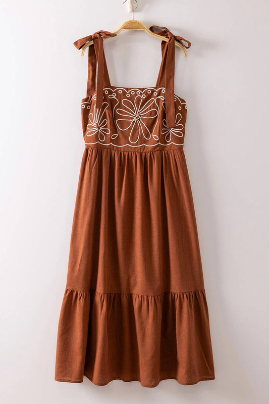 terracotta embroidered midi dress with tie shoulder straps boutique summer dress