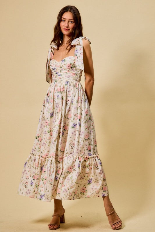 Romantic floral midi dress with sweetheart neckline