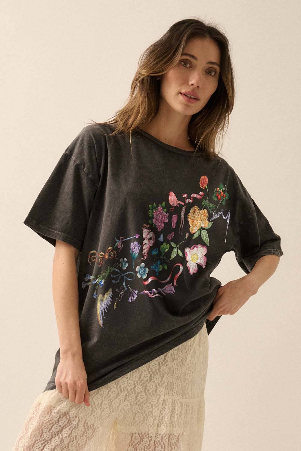 Washed charcoal oversized graphic tee featuring colorful floral artwork.