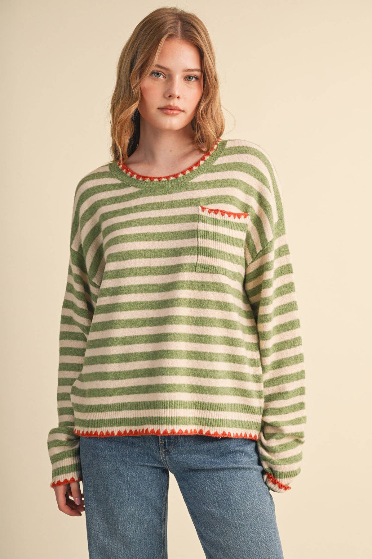 &MERCI - CONTRAST TRIANGLE STITCH STRIPED SWEATER MSW11395