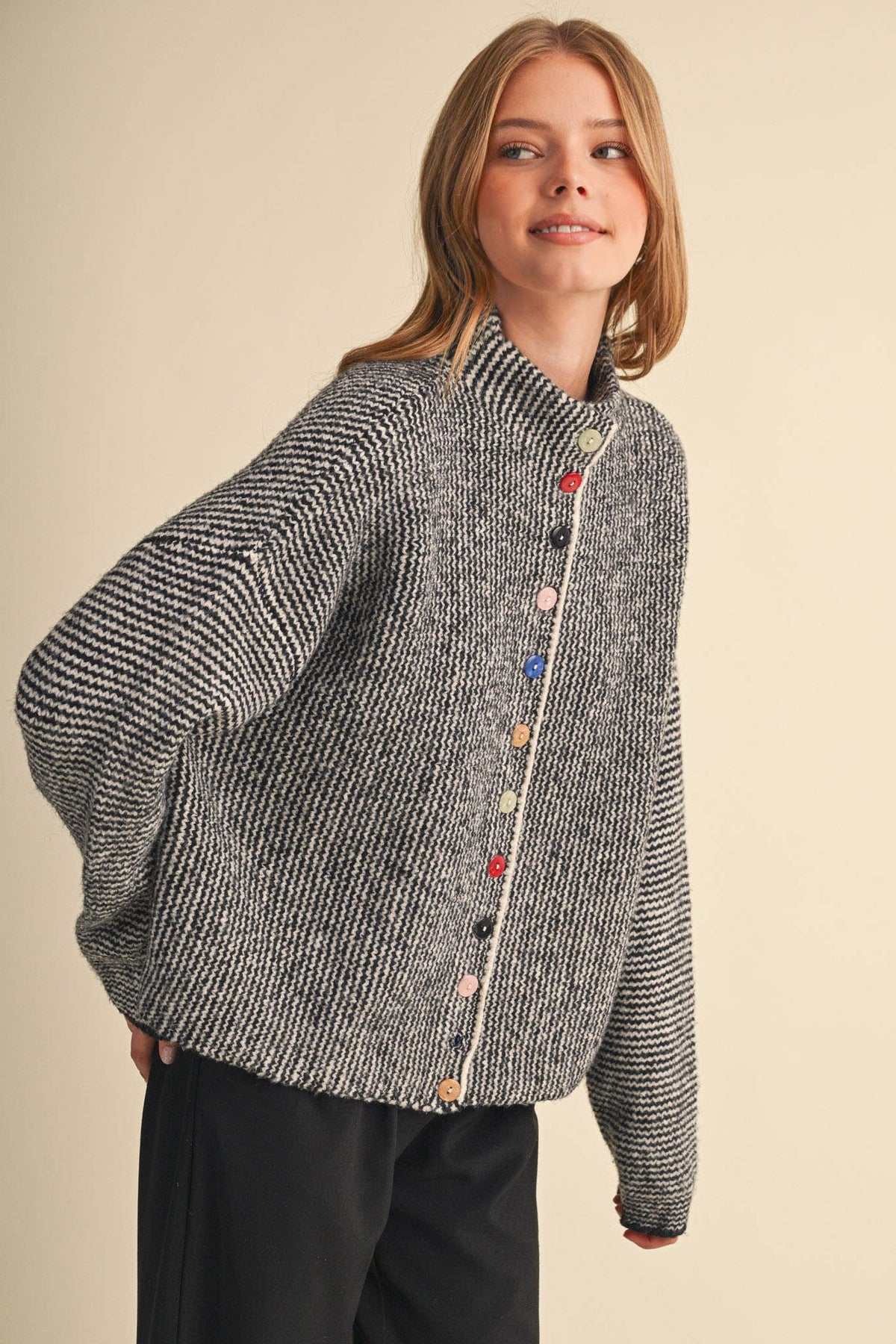 &MERCI - STRIPED SWEATER CARDIGAN WITH COLORFUL BUTTONS MSW11250