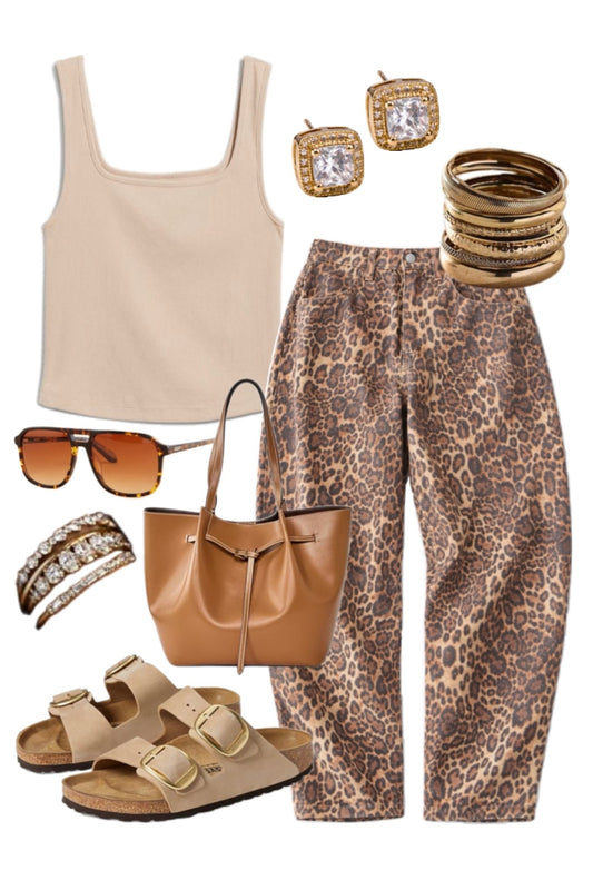 High rise leopard barrel jeans styled casually for everyday wear