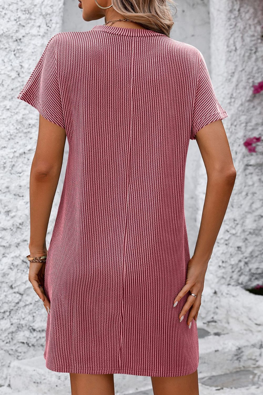 Ribbed Striped Short Sleeve T-Shirt Dress