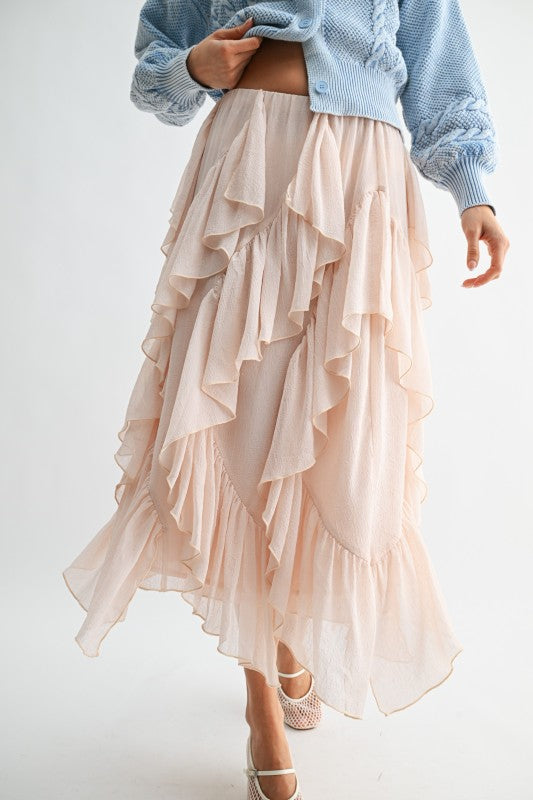 blush pink layered ruffle midi skirt