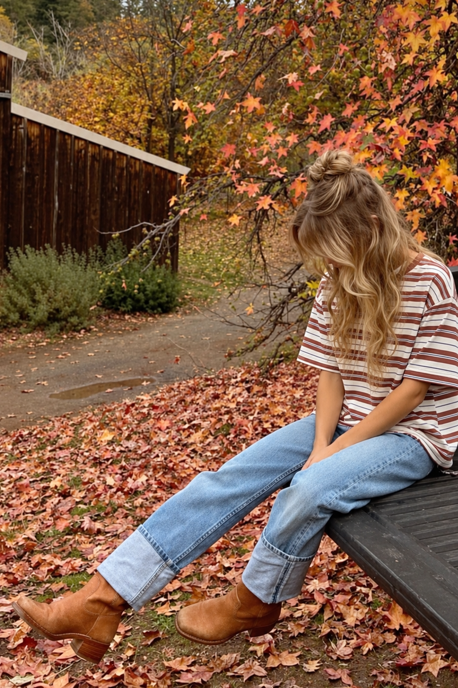 Model wearing an ivory and rust brown striped relaxed-fit tee with light-wash jeans and brown boots among colorful autumn leaves.