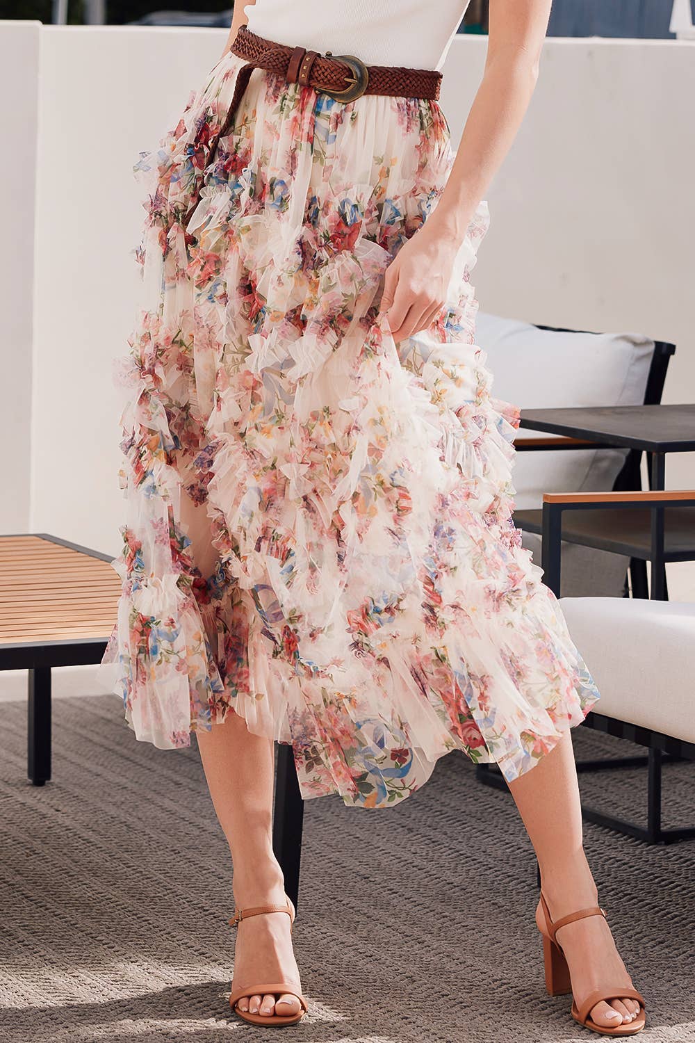 Bluivy - FLORAL RUFFLED MESH MIDI SKIRT