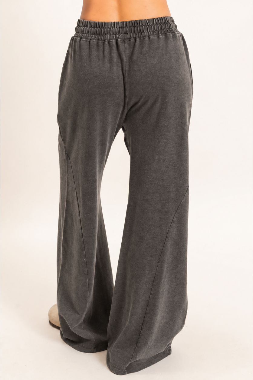 Dark gray wide-leg sweatpants with an elastic waistband, shown on a model from the back against a light beige studio background.