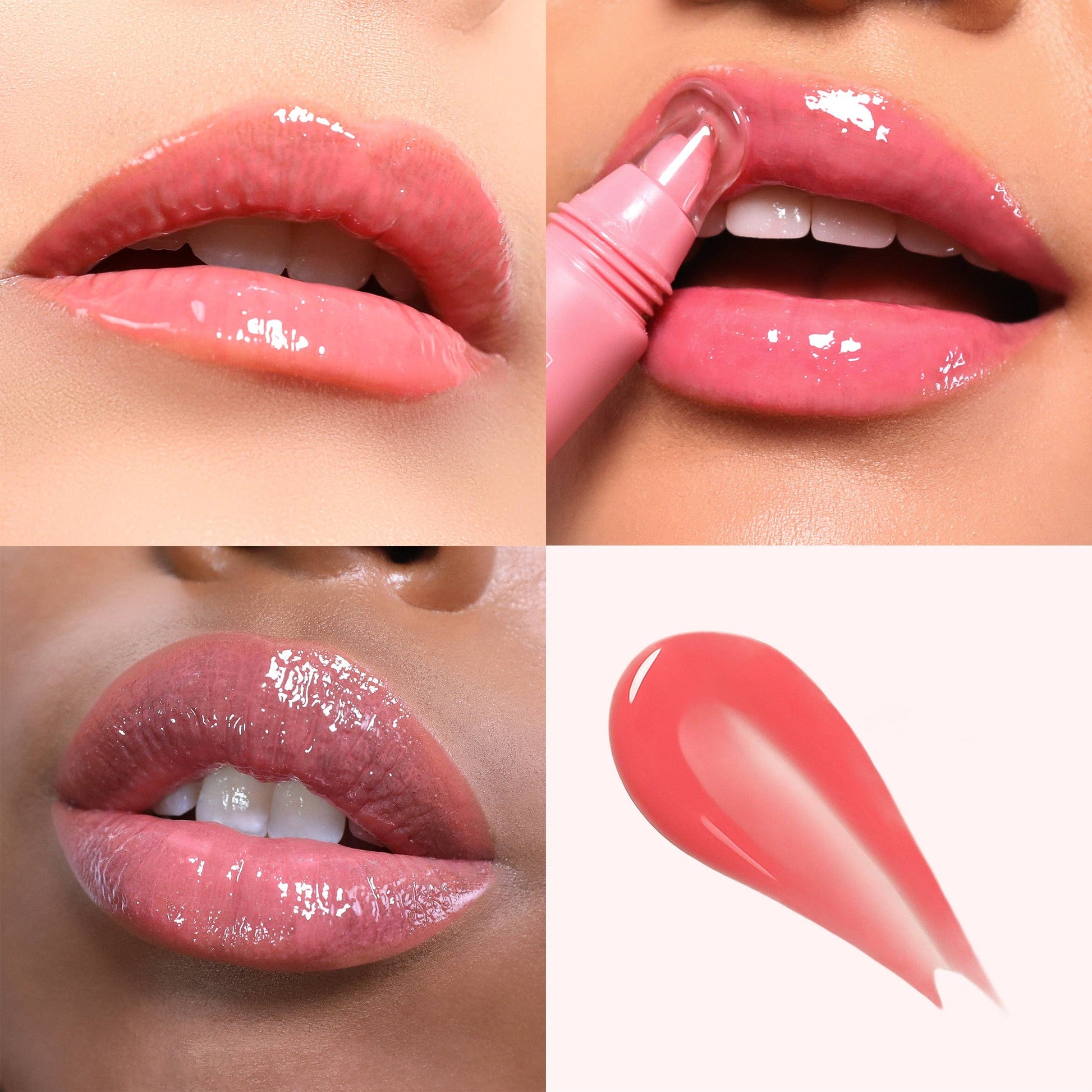 Lipstick application process with close-up of lips and lipstick color swatch.