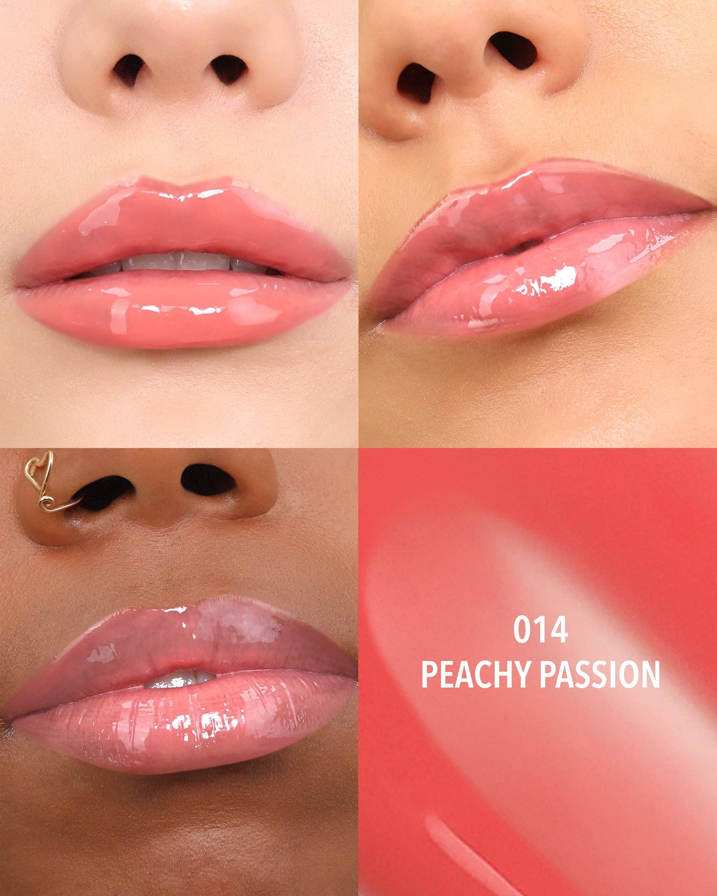 Close-up of lips wearing a peachy pink lip color with '014 Peachy Passion' text.