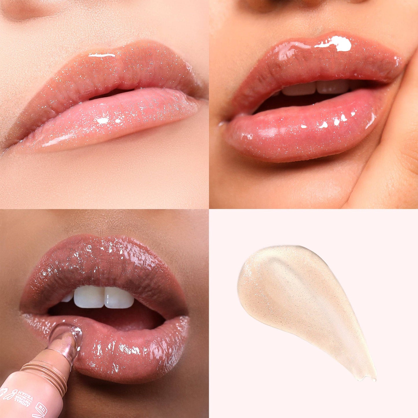 Close-up of glossy lips with a swatch of lip product on a white background
