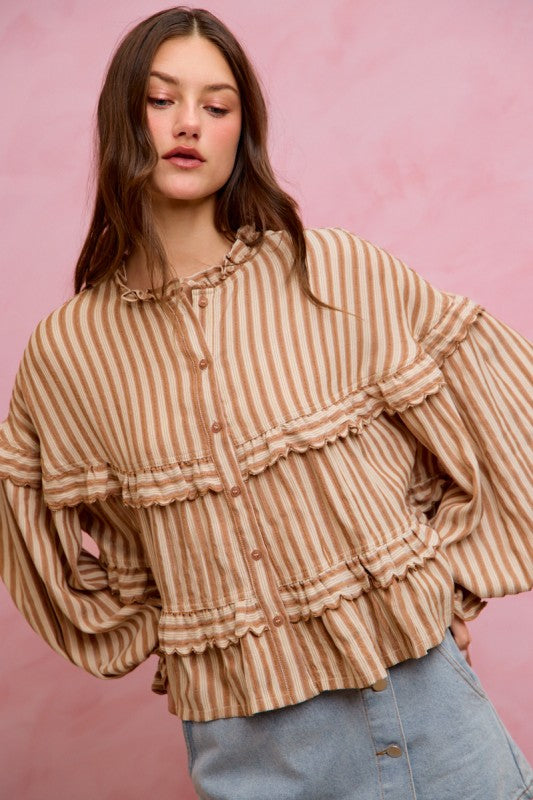 Neutral striped ruffle blouse with button front