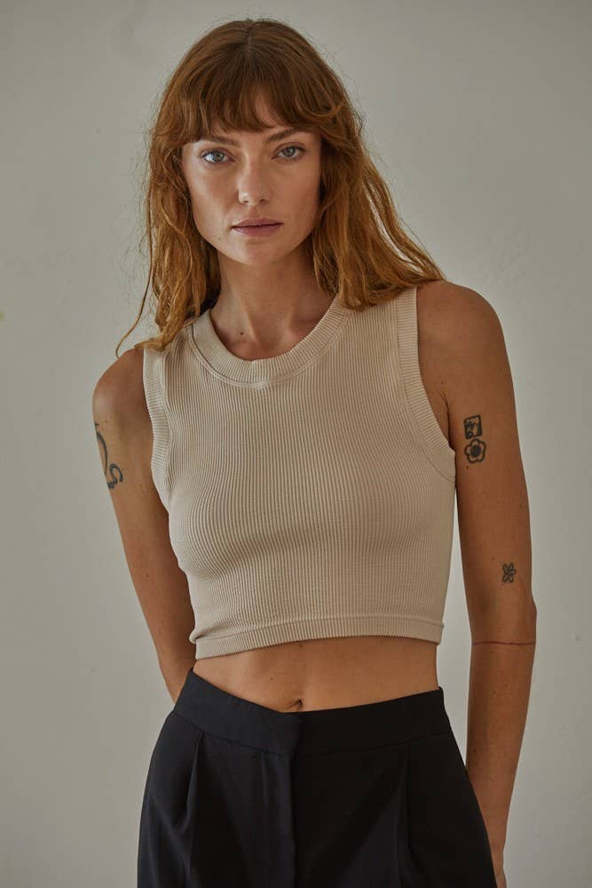 Beige ribbed sleeveless cropped tank top for women with high neckline