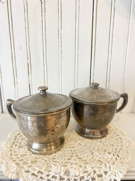 Vintage silver cream and sugar set with lids and handles, tarnished antique coffee bar decor
