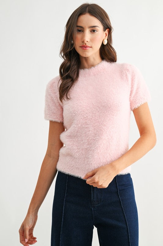 Blush pink fuzzy knit short sleeve tee front view