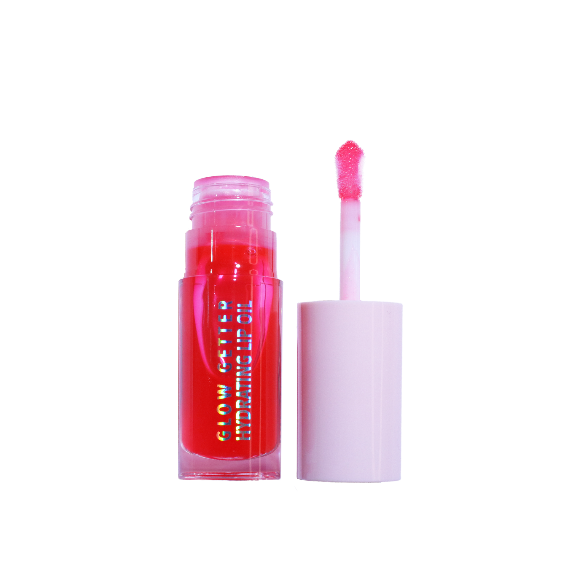 Red lip gloss with a pink applicator on a white background