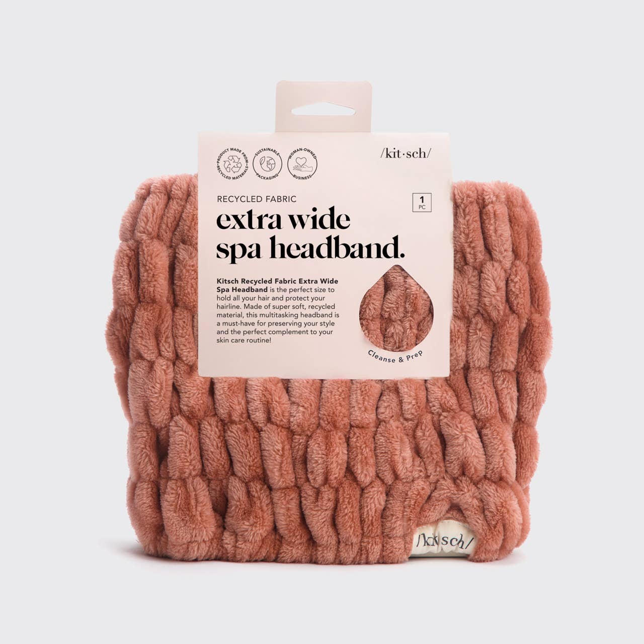 Soft rose clay Kitsch extra wide spa headband made from recycled fabric with packaging shown.