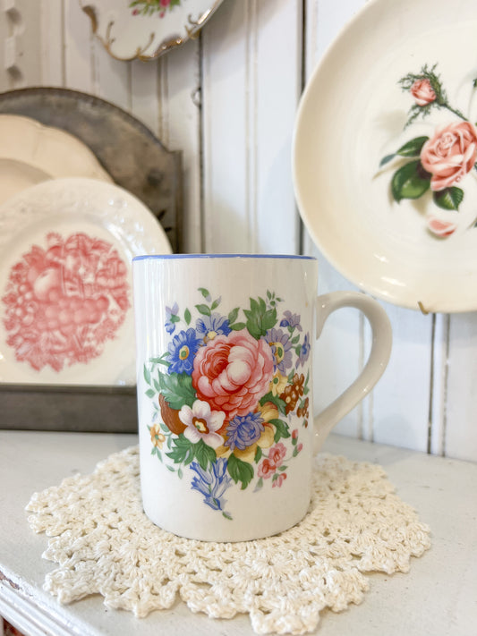 Vintage floral ceramic coffee mug with English garden bouquet design styled for FOUND & Co.
