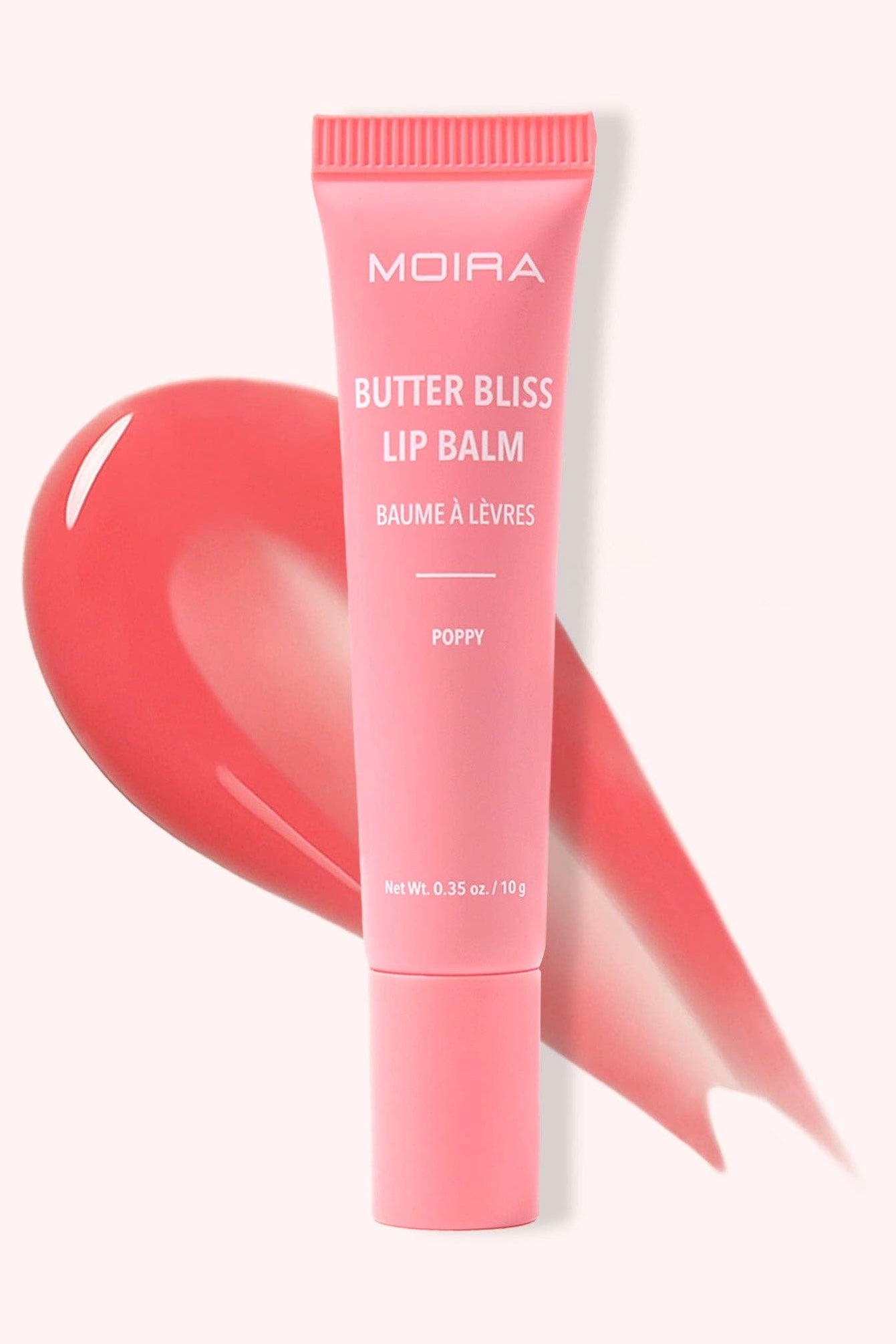 MOIRA Butter Bliss Lip Balm in Poppy with glossy coral finish and hydrating vegan formula in squeeze tube packaging.