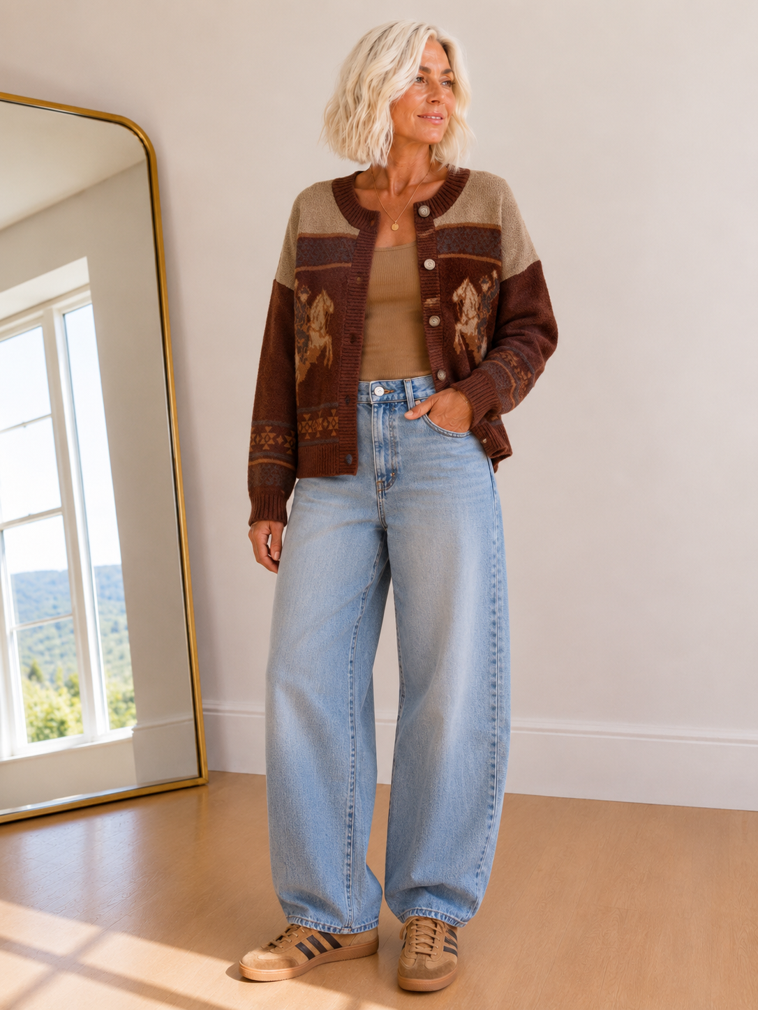 Woman wearing a dark brown Western horse knit cardigan with Fair Isle detailing, button-front closure, and horse jacquard artwork paired with light wash barrel jeans.