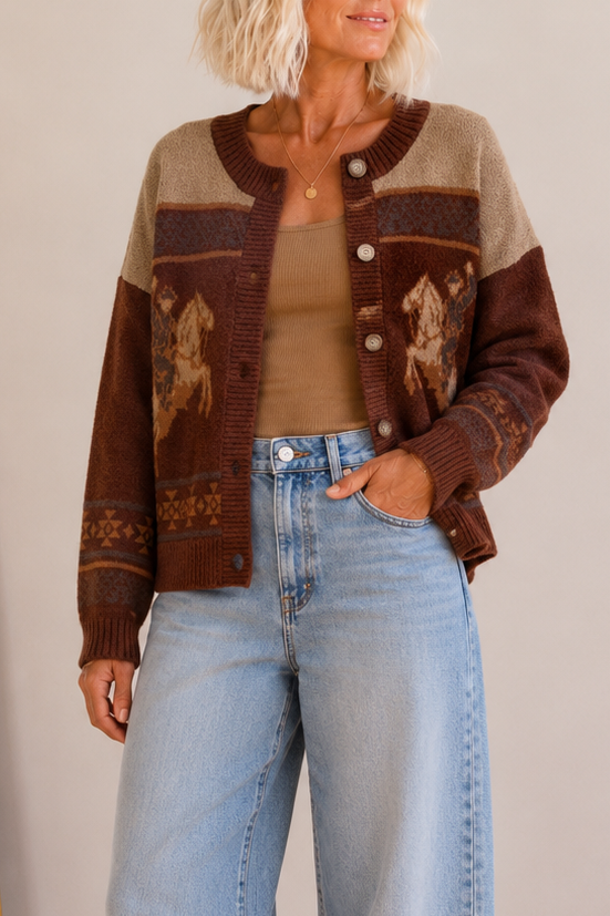 A woman wearing a brown and beige knit cardigan with horse motifs, styled with a tan tank top and light blue jeans against a neutral studio background.