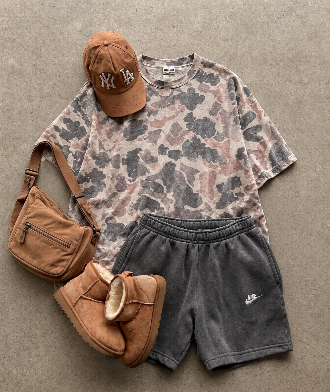 A styled flat-lay outfit on a textured gray concrete background, featuring a brown and gray camouflage t-shirt, dark gray sweat shorts with a white Nike logo, a brown suede crossbody bag, a brown baseball cap with an embroidered NYLA logo, and a pair of brown shearling-lined boots.