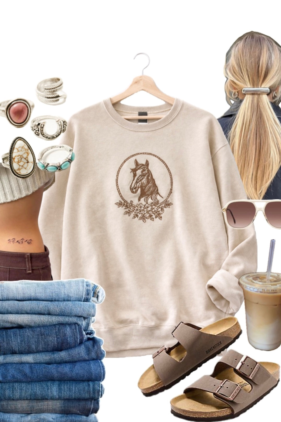 Old Soul Horse Crewneck styled with denim and neutral accessories