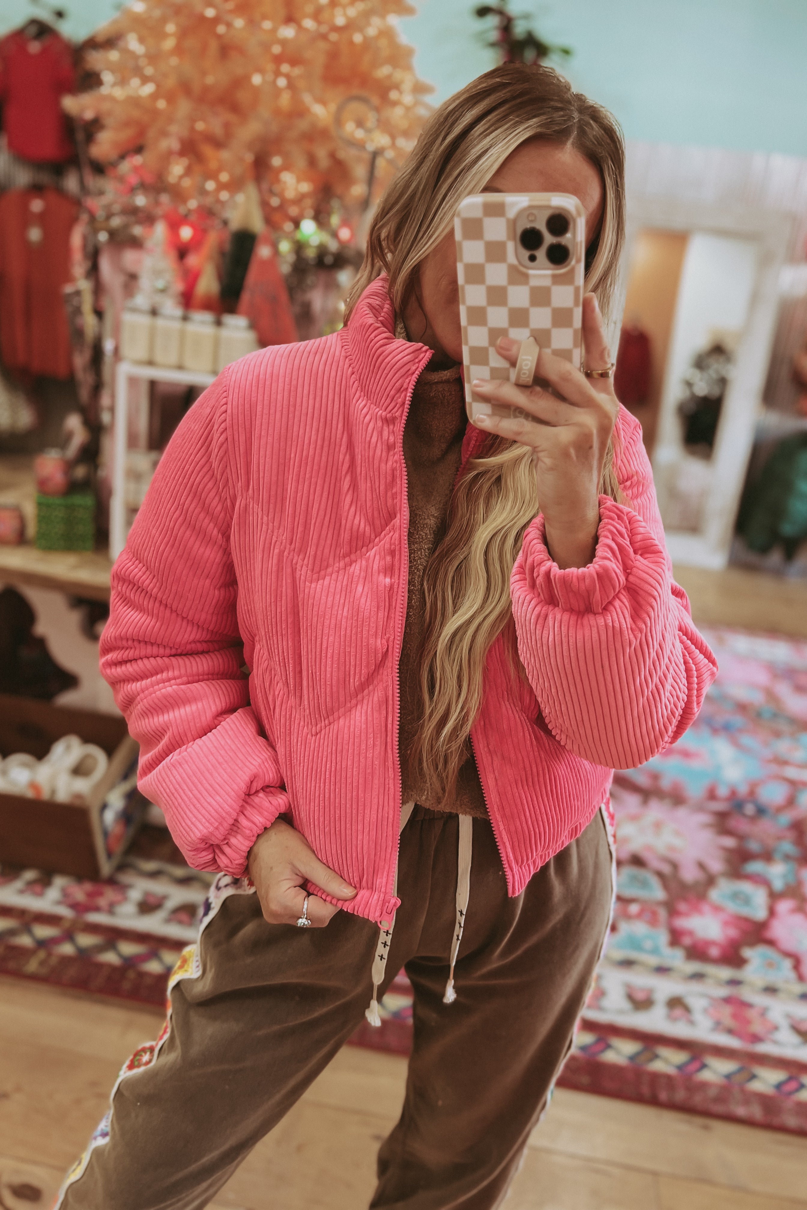 Pink cord puffer jacket best sale