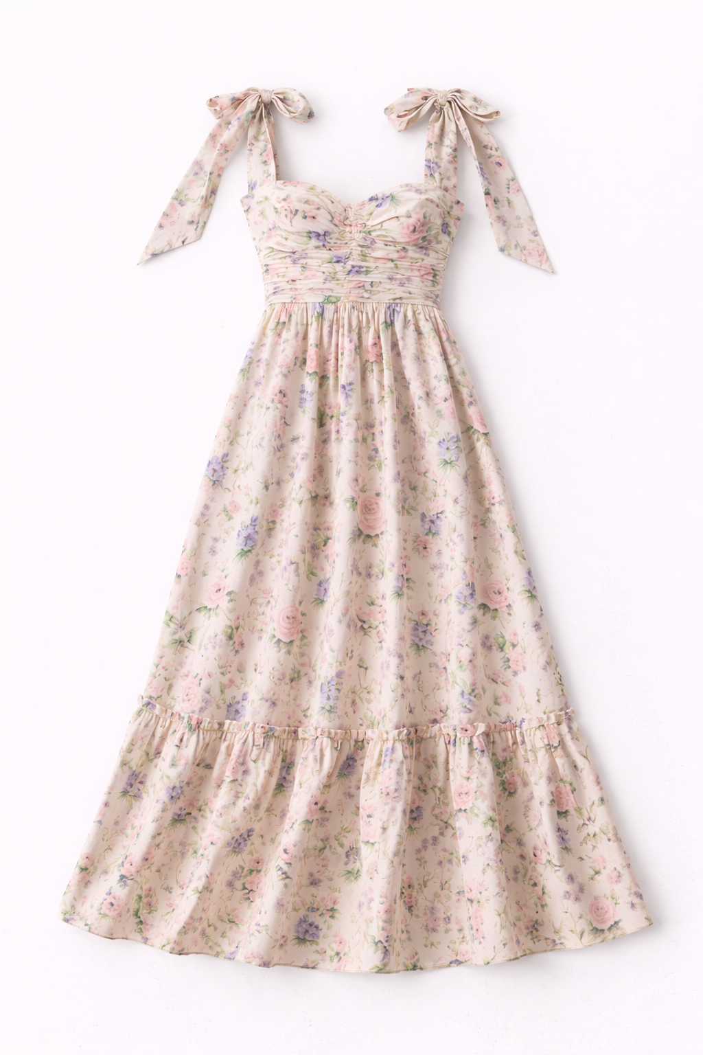 Floral dress with tiered skirt on a white background