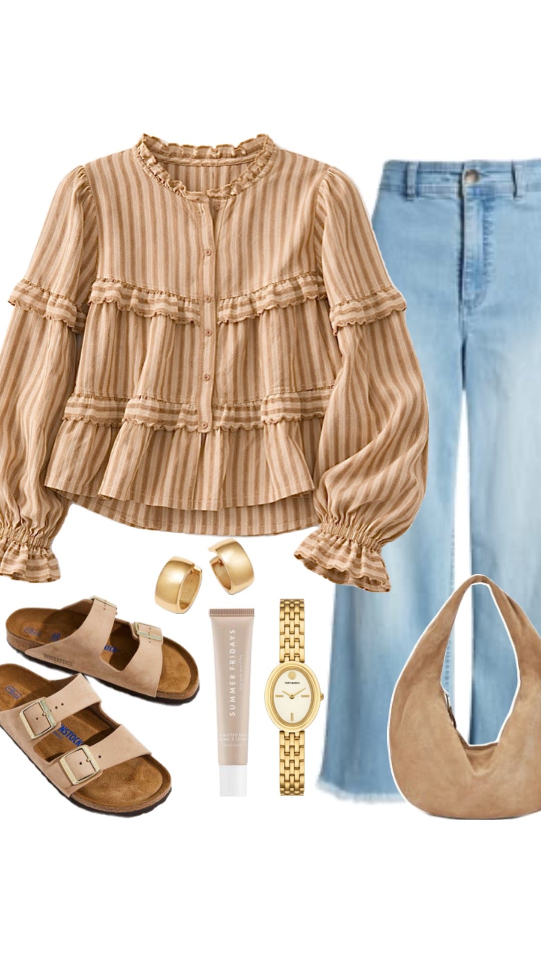 Golden Hour Ruffle Blouse styled with light wash denim