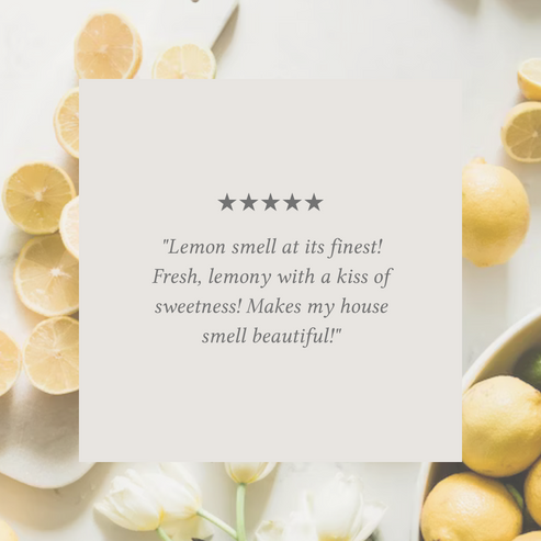 Sweet Lemon soy candle customer review graphic describing fresh lemon and sweet citrus scent.
