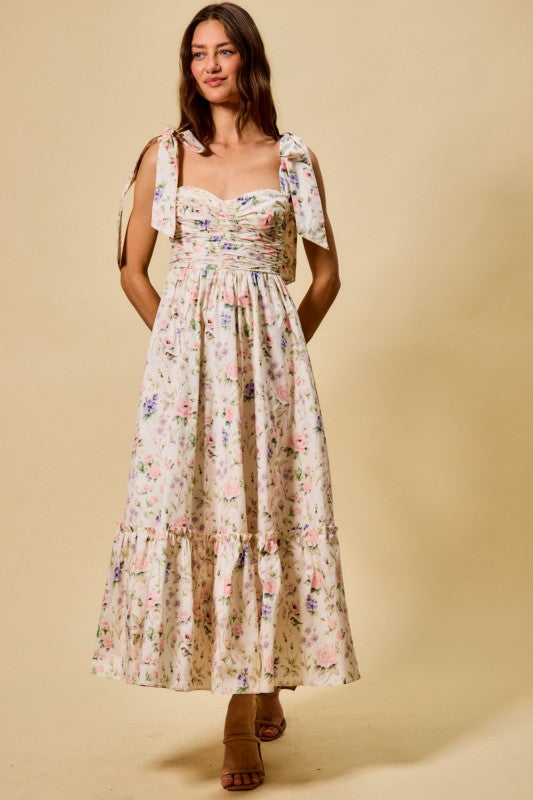 Spring floral lined midi dress with adjustable shoulder ties