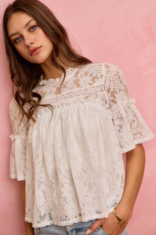 romantic cream lace blouse ruffle sleeves