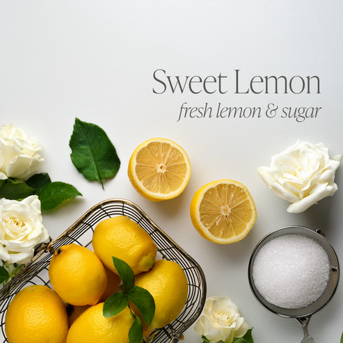 Sweet Lemon fragrance inspiration with fresh lemons, sugar, and white roses highlighting citrus and floral notes.