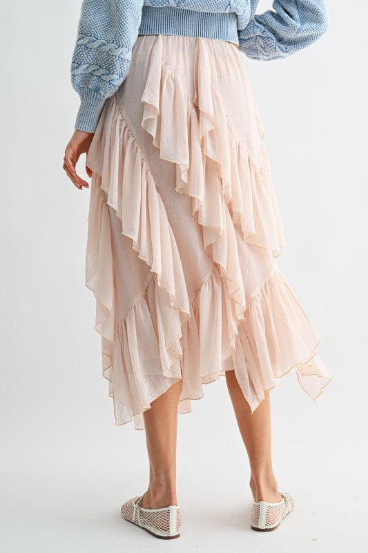 flowy blush elastic waist midi skirt
