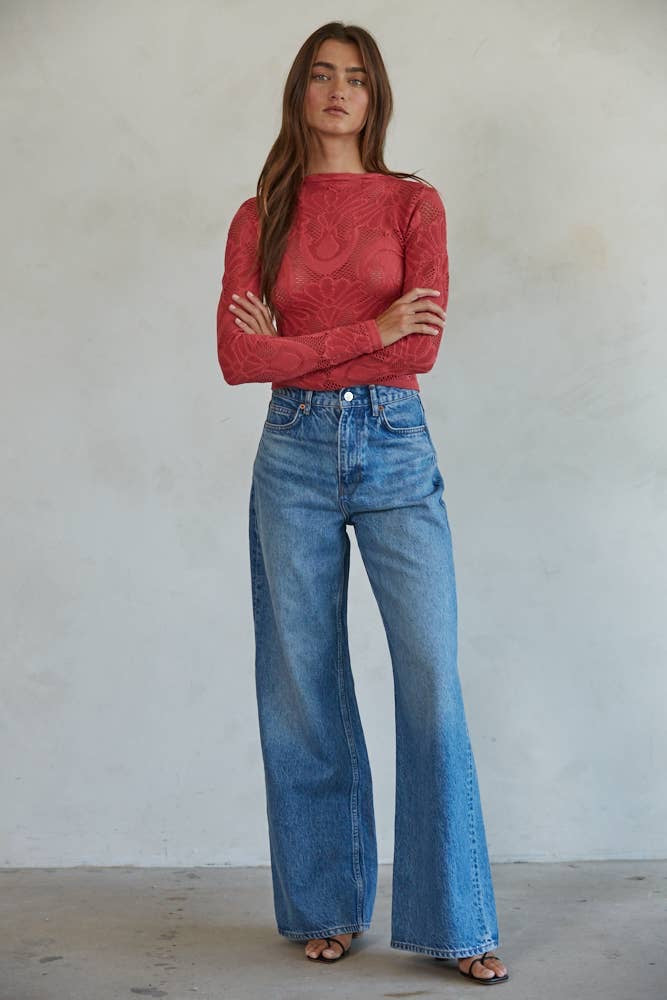 Valentine’s inspired crimson lace top for women with soft stretch and floral pattern