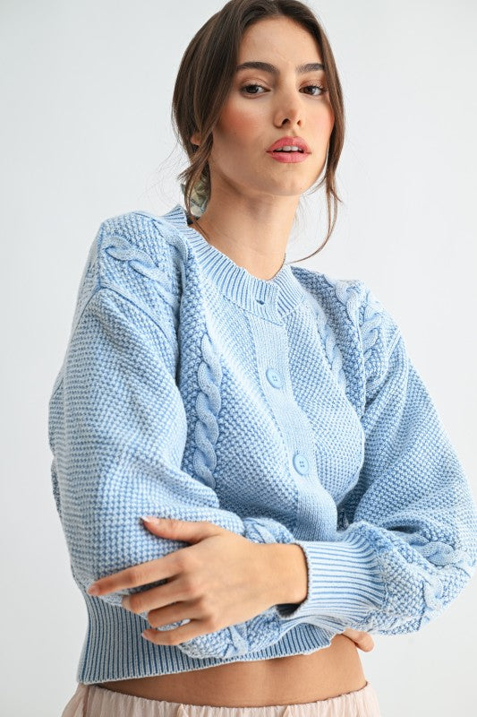 Bluebell cable knit cropped cardigan with button front