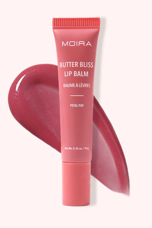 Moira Butter Bliss Lip Balm with a swatch of pink color on a white background